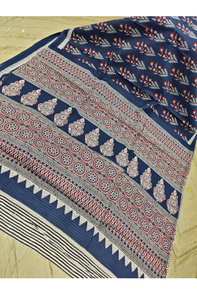 All Over Printed Blue Mulmul Cotton Saree (KR1531)